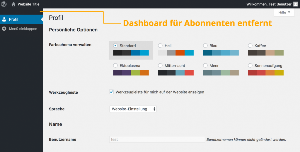 WordPress Backend ohne Dashboard für Abonnenten | Johannes Ulrich Gehrke